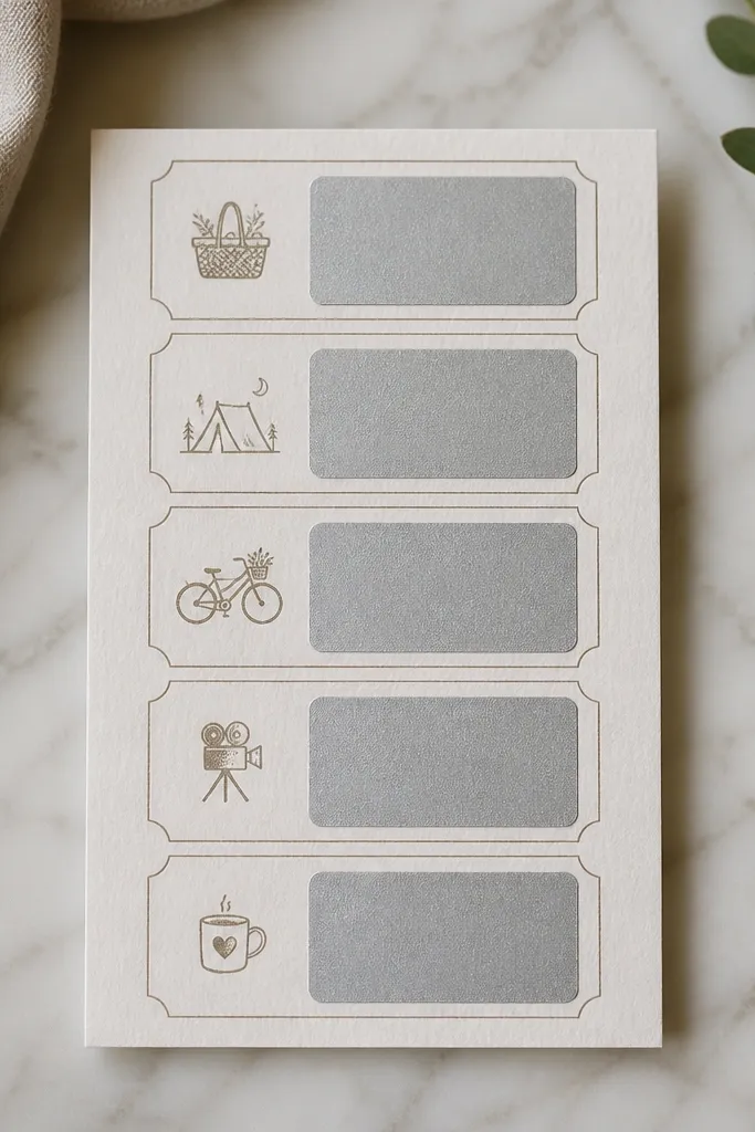 A small sheet of watercolor paper cut into 4x6 inches with five ticket shapes; each has a printed activity label and a silver scratch-off coating with a clean border.