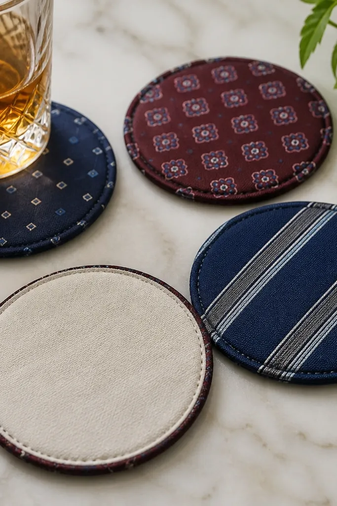 Four round coasters made from a repurposed necktie; each has a patterned fabric top layer and a stitched edge, with a light backing visible on the underside.