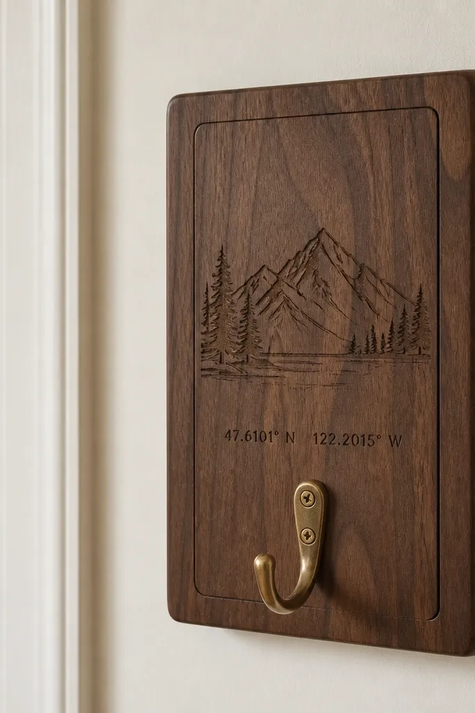 A small wall-mounted wooden plaque about 6x10 inches with a single brass hook; engraved coordinates sit near the bottom, and a tiny door seam suggests hidden storage.