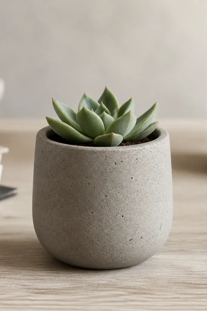 A small desk plant pot about 4 inches tall with a matte gray cement-like finish; the surface has subtle speckles, and a tiny succulent sits inside.