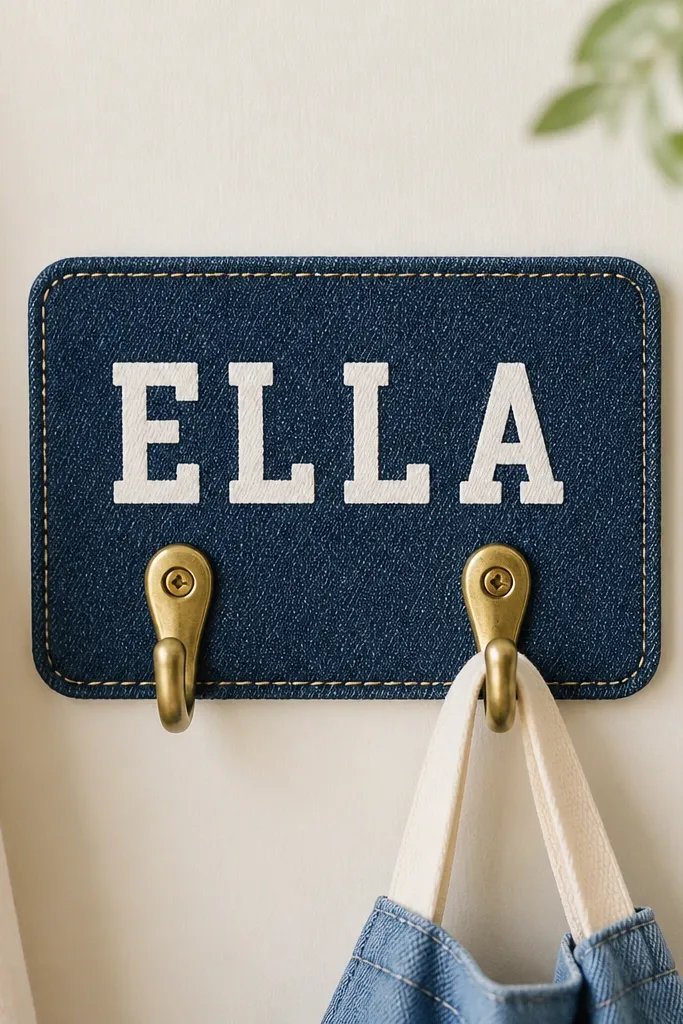 A small denim fabric backing panel with two brass hooks; iron-on vinyl letters read a short name, and the panel edges are neatly stitched.