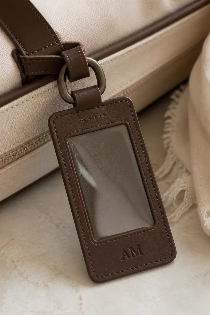 A slim luggage tag in dark brown leatherette with heat-stamped initials; a clear plastic ID pocket sits on the front and a metal ring connects to a strap.