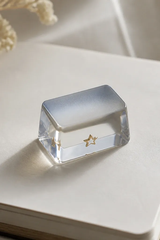 A small rectangular resin paperweight shaped like a keyboard key; inside the clear resin is a tiny star charm, and the top has a subtle frosted tint.