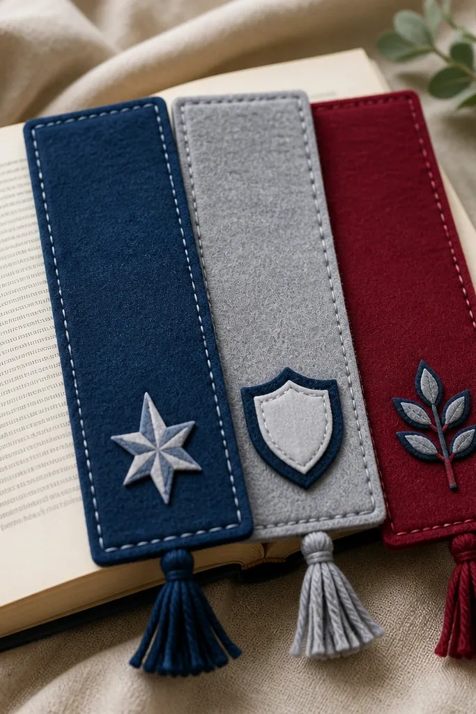 A set of three fabric bookmarks layered from felt in team-like colors; each has a small stitched emblem and a short tassel at the bottom.