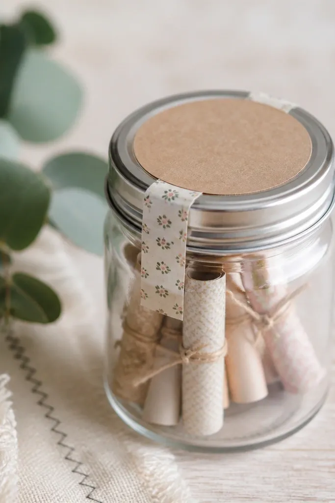 A small glass jar with rolled paper notes inside; the lid has a thin strip of patterned tape sealed around it and a handwritten label on kraft paper.