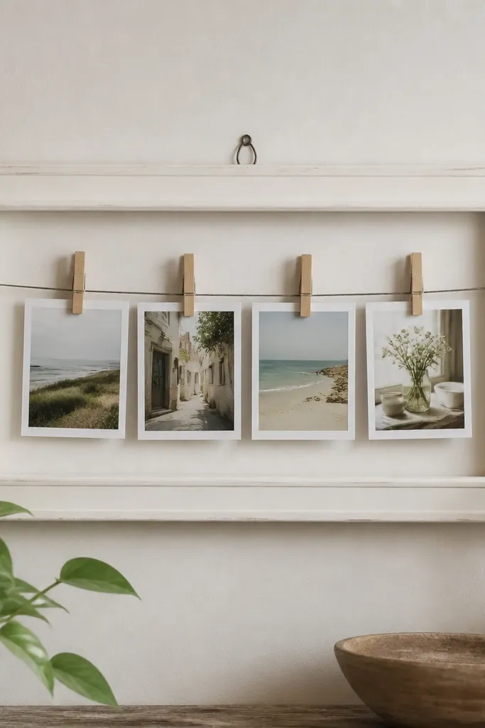 A small thrift-store frame painted matte off-white; inside are four small photos held by clothespin clips on a thin wire, with a simple hook for hanging.