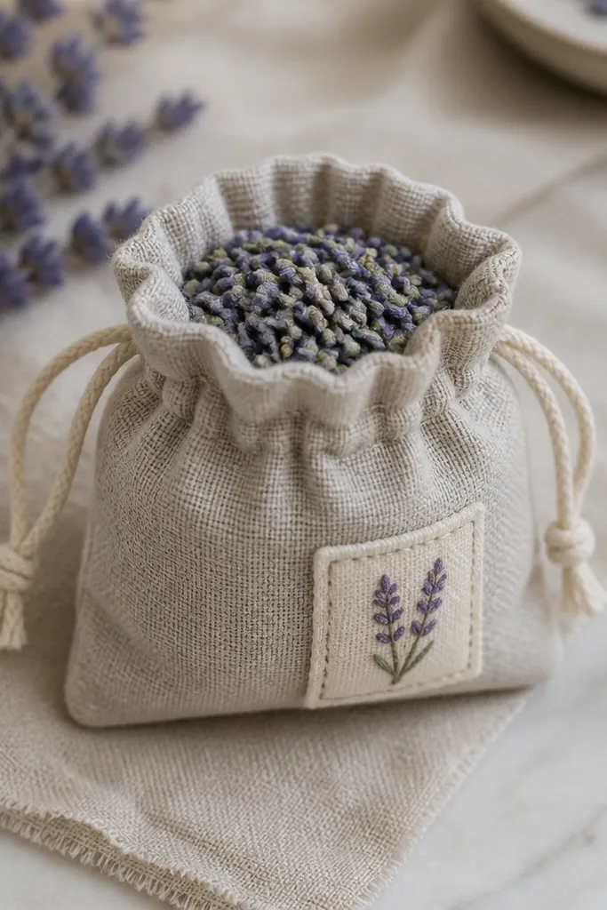 A small linen pouch about palm-sized with a drawstring; inside is visible textured lavender buds, and a small stitched tag reads a short message.