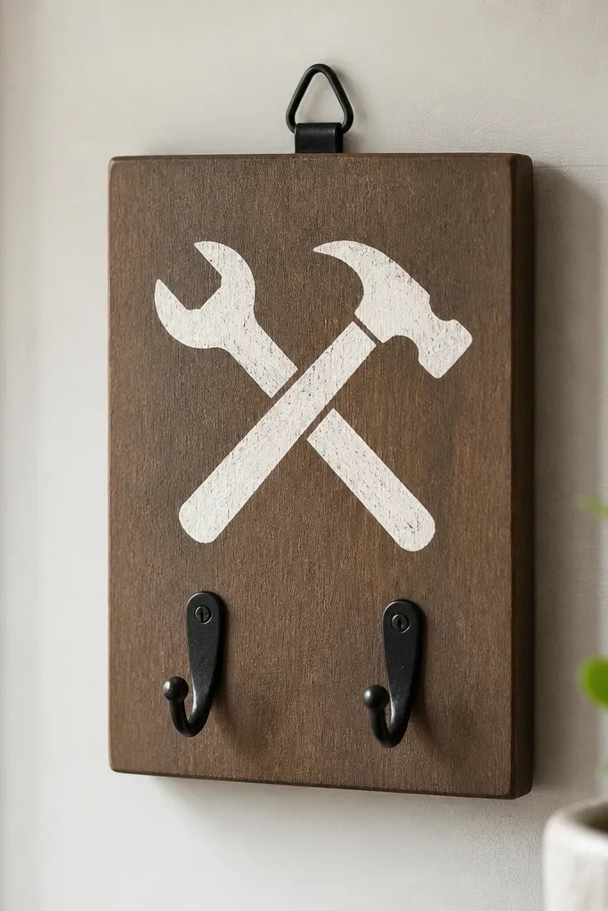 A small matte wood board with two black hooks; a stencil of a wrench and hammer in white paint sits above the hooks, and the board has a clean hanging bracket.