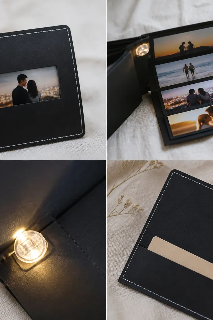 A small LED flipbook gift the size of a thick wallet, wrapped in matte black cardstock. Inside, four horizontal photo strips are taped to a hinge spine, each photo showing a different moment. A tiny warm-white coin-cell LED sits near the spine with a clear acrylic diffuser. The back cover has a slim hidden slit where a folded note slides in. The cover has a hand-cut window showing the top photo and a stitched edge with white thread.