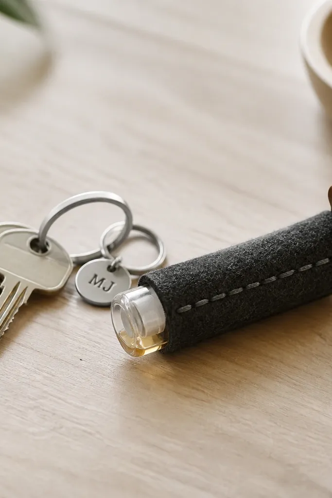 A small cylindrical scent pod attached to a keyring. The outer sleeve is hand-cut charcoal felt wrapped tightly around a clear refill vial, with a stitched seam using gray thread. A small leather pull tab sits on one side so he can slide the felt cover open. Inside the clear vial, a few drops of amber essential oil tint the liquid slightly. A metal snap ring holds it to a keychain, and a tiny label tag with his initials hangs from the ring.
