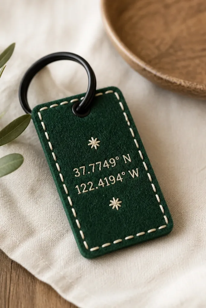 A small rectangular felt key fob in deep forest green with a cream stitched border. Inside, a simple hand-stitched coordinate string sits in the center with two tiny star shapes. A black split key ring attaches at the top, and the fob is backed with matching felt for a clean finish.