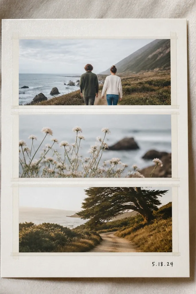 A 5 x 7 inch matte cardstock card with three horizontal photo strips. The photos have clean white edges created by strips of masking tape. A small handwritten date sits in the lower right in black ink, and the card is sealed with a light sheen.