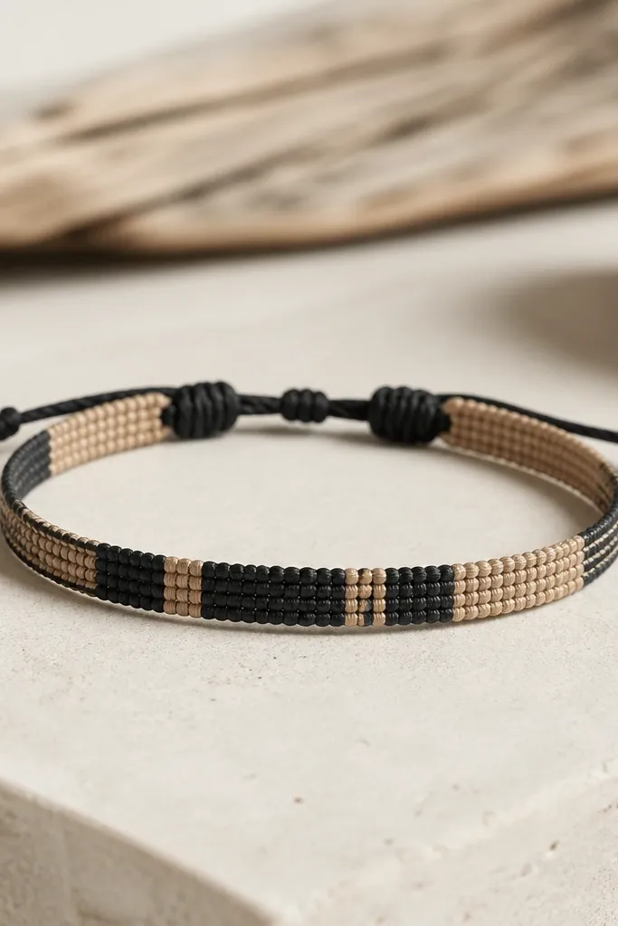 A slim woven bracelet in muted tan and charcoal threads with a simple striped pattern. Two small knots sit near the clasp area, and a thin black cord ties off at the ends. The bracelet looks flat and tidy, not bulky.
