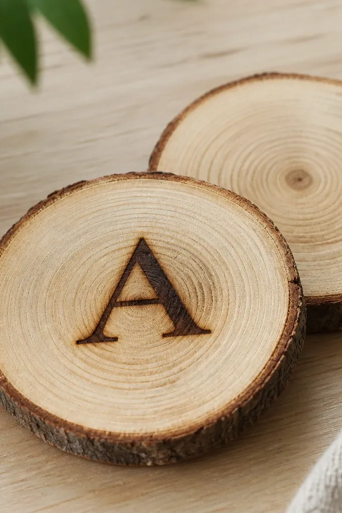 Two round wood slice coasters, about 4 inches wide, with visible natural grain. One has a burned letter 'A' in the center with a dark brown scorch mark. The coasters have a clear satin finish and sit on a light wood table.
