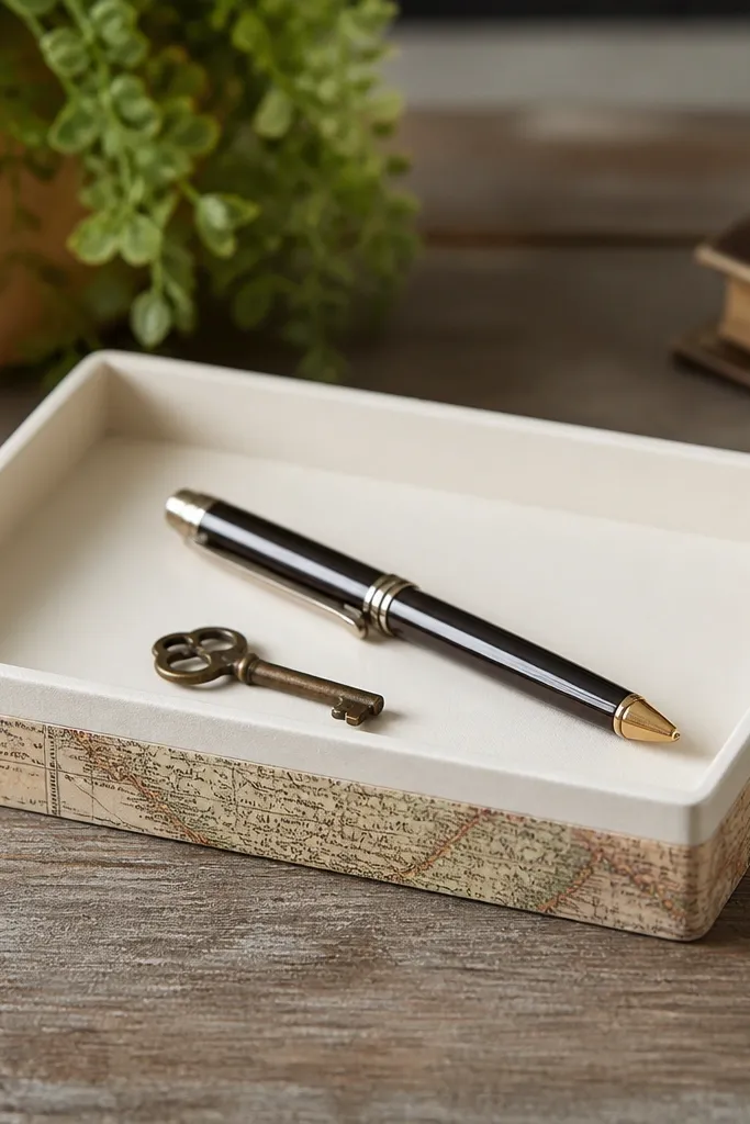 A small rectangular tray made from thin wood, painted off-white with a strip of vintage map paper wrapped around the sides. The front edge shows a clean seam where the map paper meets the paint. It holds a pen and a small metal key.