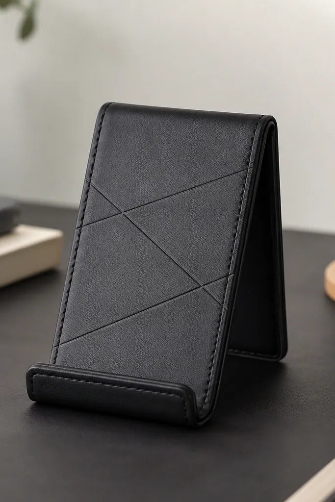 A small phone stand in black leatherette with a simple embossed line pattern. The stand has a fold-back design and sits upright on a desk. The surface looks smooth and matte with subtle highlights along the edges.