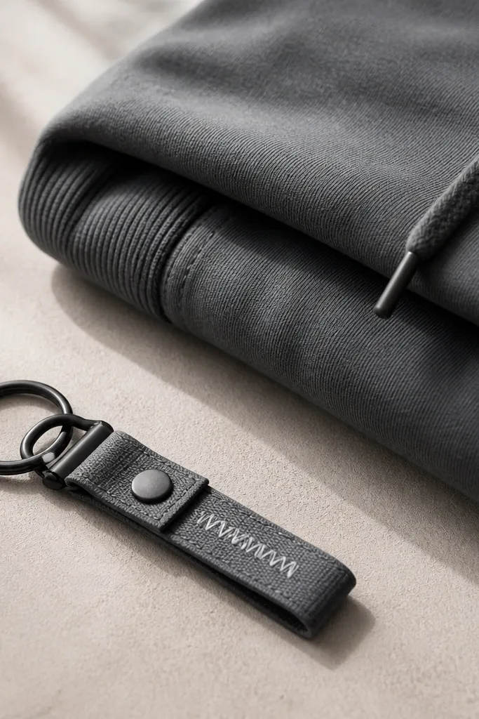 A slim black keychain with a small fabric tag in gray canvas. The tag has a stitched word in white thread and a metal snap. The keychain sits neatly next to a folded hoodie.