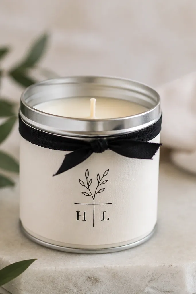 A small metal candle in a tin with a handmade sleeve around it. The sleeve is cream cardstock wrapped and stamped with a simple icon and initials in black ink. The sleeve has a snug fit and a small ribbon tie at the top.