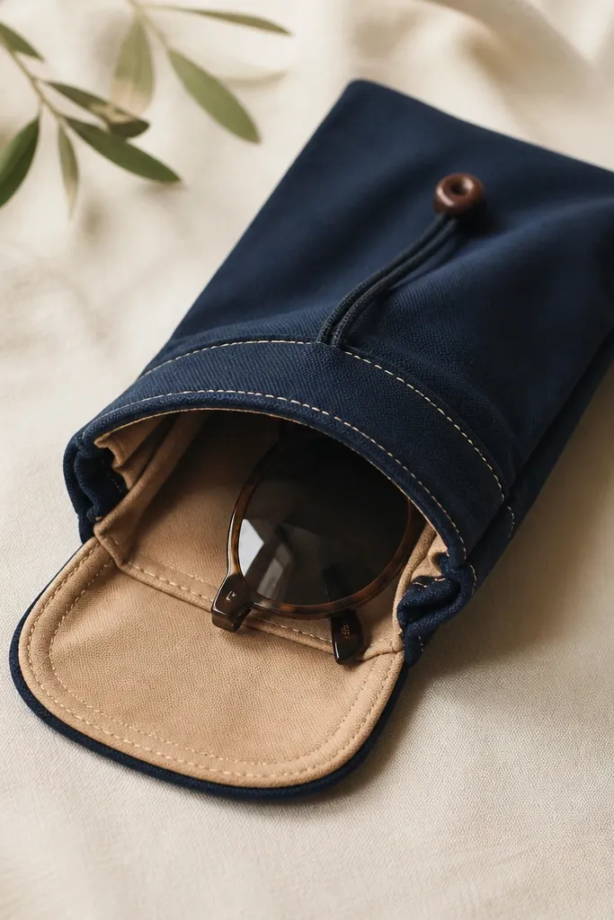 A soft canvas sunglasses pouch in navy with cream contrast stitching. The pouch has a simple flap closure and a drawstring or button at the top. The inside lining is tan cotton, and the pouch sits open to show the clean seams.
