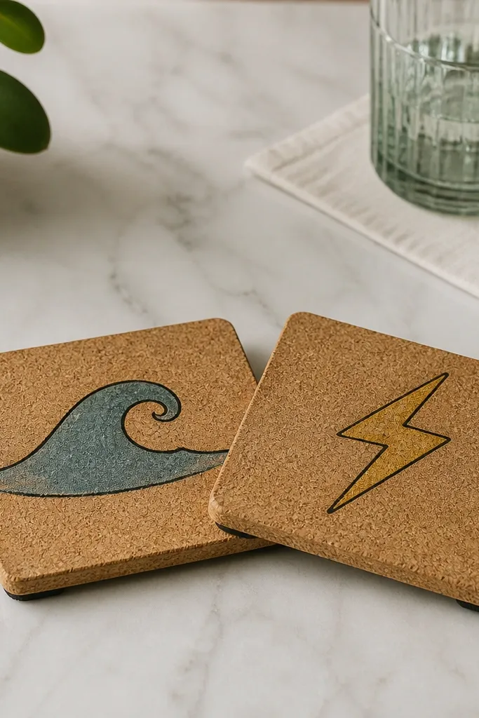 Two matching coasters made from cork or wood squares. Each has a hand-painted symbol in muted colors, like a small wave and a lightning bolt, with a thin black outline. The top surface looks matte and sealed, and the bottoms have felt pads.