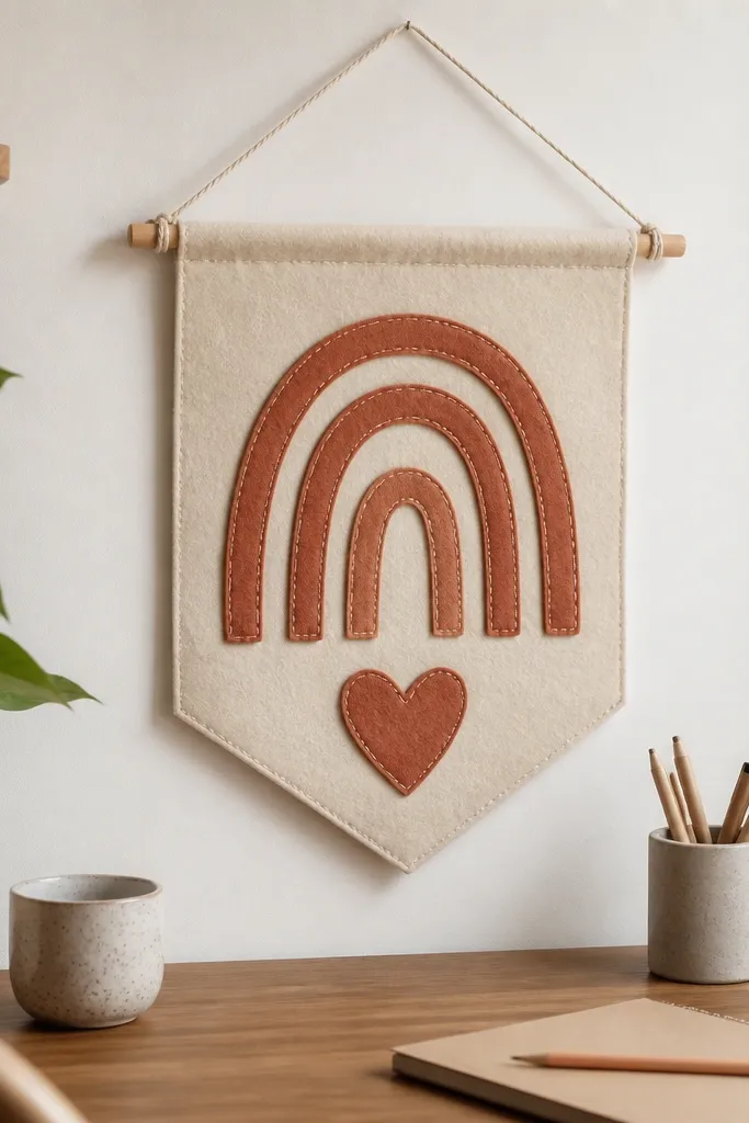 A felt banner hanging from a thin dowel. Letters are cut from thick felt in one color, with stitched outlines in a slightly lighter shade. The banner is small, about 18 inches wide, and hangs above a desk.