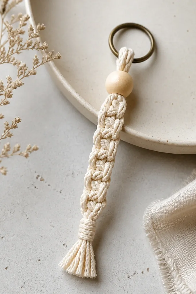 A small macramé keychain with a single row of knots forming a neat pattern. The cord is natural beige with a small wooden bead at the top. The key ring attaches to a loop at the top, and the knots are tight and even.