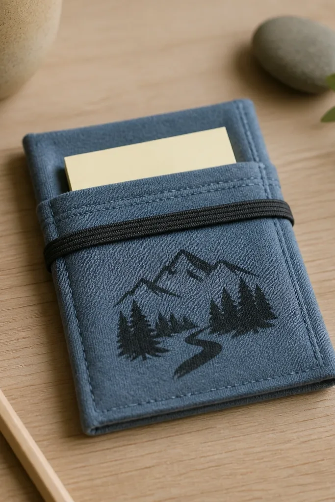 A small notepad holder made from a folded t-shirt piece. The pocket front has a stenciled icon and a short phrase in black ink. The holder has a neat hem and a band closure, and it holds a small sticky note pad.