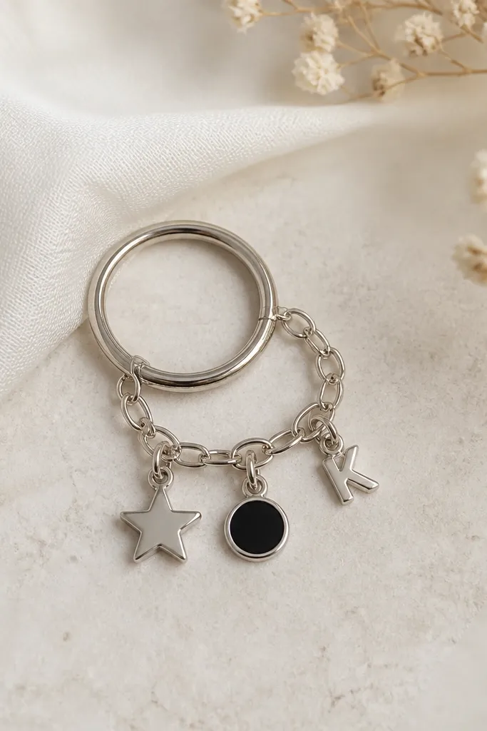 A small keyring that looks like a tiny bracelet. Three tiny charms hang on a metal ring: a silver star, a small black enamel circle, and a mini letter charm. The chain is short and neatly spaced, not tangled.