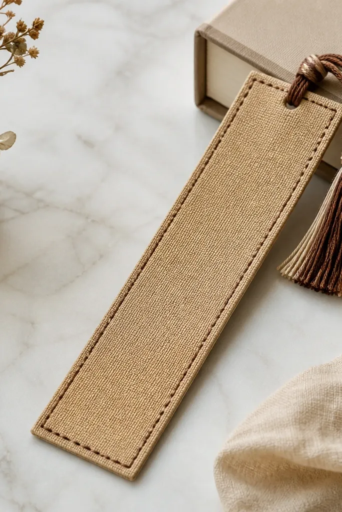 A long stitched bookmark made from tan canvas with a simple stitched border in dark brown thread. One end has a layered tassel made from embroidery floss tied into a knot. The bookmark looks sturdy and flat, not floppy.