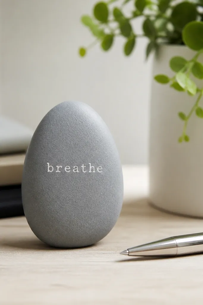A smooth gray pebble painted with a matte base color and a small stamped word in white. The pebble sits upright on a desk next to a pen. The paint finish looks even and sealed.