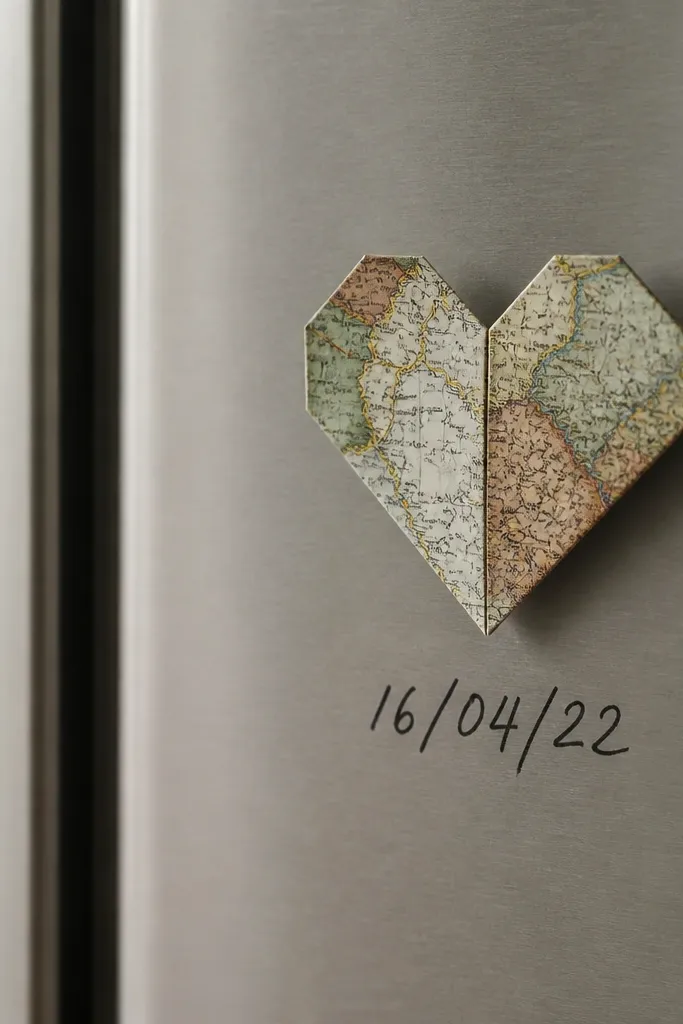 A small heart folded from a vintage map page, with visible country lines and a clean crease pattern. The heart has a small magnet glued to the back and sits on a fridge. A handwritten date is scrawled under the heart.