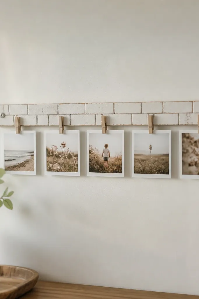 A small wall strip made from painted wood pieces shaped like tiny bricks. Mini clothespins clip onto the strip. Several small photos hang evenly spaced, and the strip is mounted with two screws or a hook.