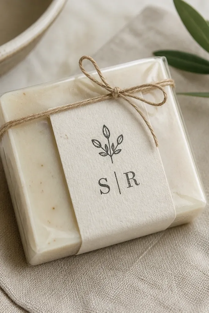 A bar soap wrapped in clear acetate with a handmade paper label. The label has a stamped icon and his initials in black. A thin twine bow holds the wrap closed, and the soap looks clean and new.