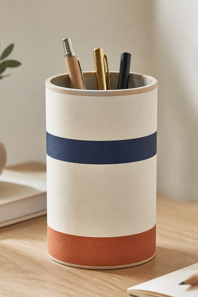 A tall pen holder made from a brown paper tube covered with off-white paper. Around it are two painted bands in muted navy and terracotta, with clean brush edges. The top has a simple rim and a small inner liner.