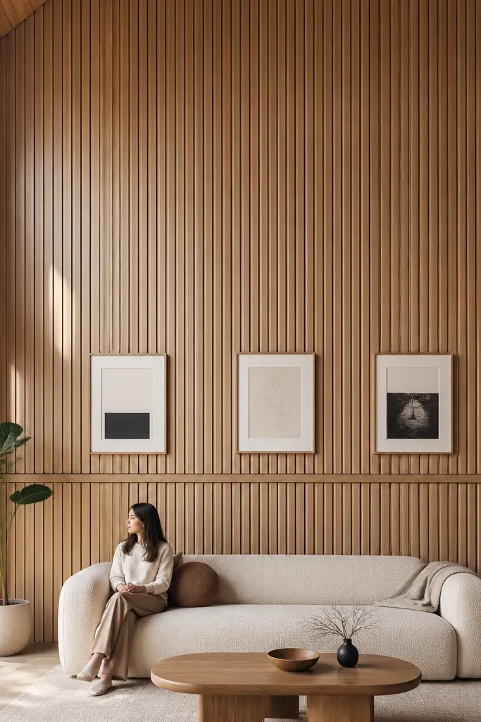 Light wood vertical slats with a white picture rail across the wall