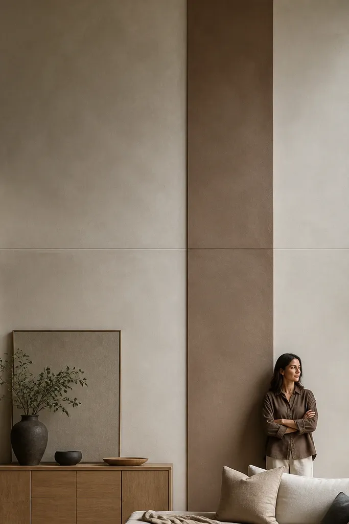 Soft limewash wall with a single darker vertical column and simple trim