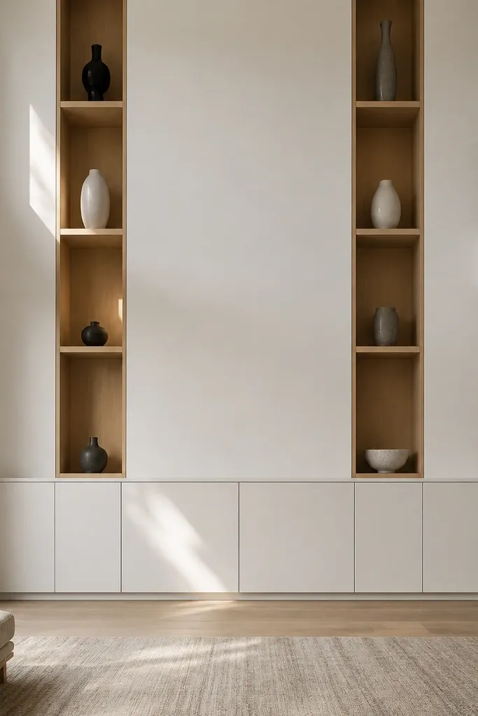 Low wall cabinet with tall open niches above, painted in a soft neutral