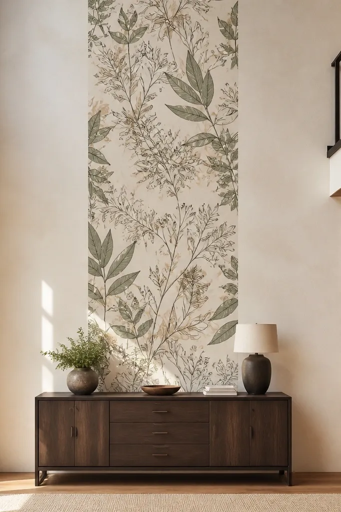Single tall wallpaper mural strip with soft pattern from near ceiling to floor