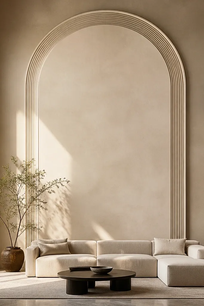 Large centered arched panel with fluted trim details on a white wall