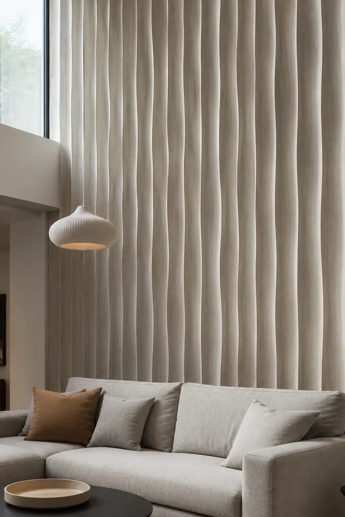 Textured 3D wall panels with vertical wave pattern in warm gray
