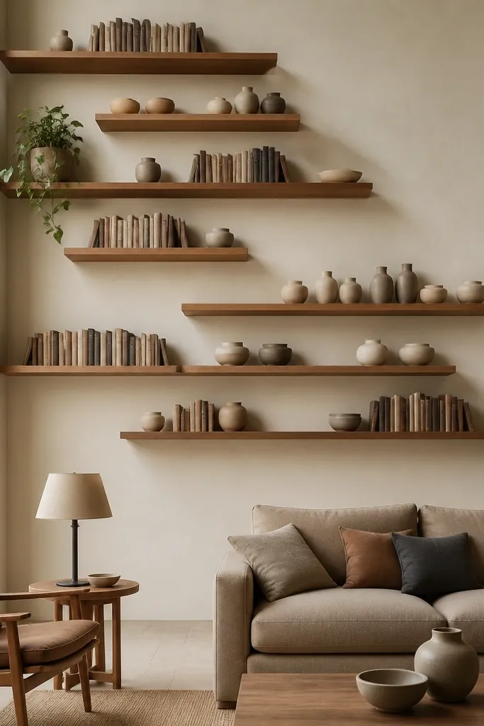 Staggered floating shelves with books and ceramics arranged vertically
