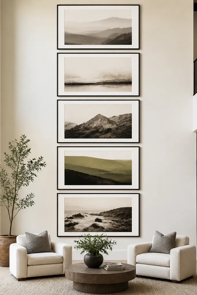 Three large framed prints stacked vertically with equal spacing