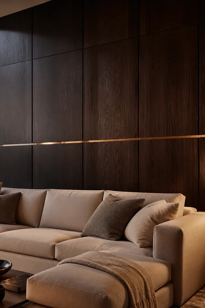 Dark wood slat wall with one thin brass trim line running horizontally