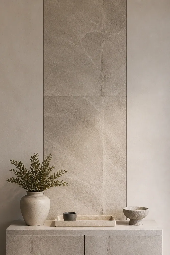 Stone-look vertical tile stripe on a light plaster wall