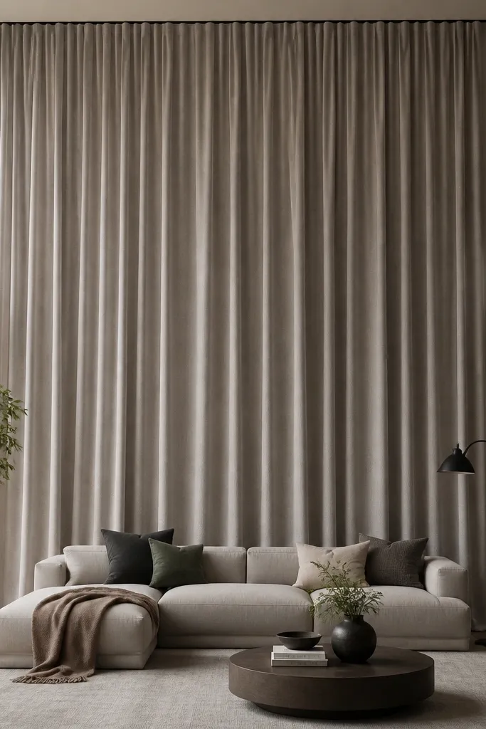 Ceiling-to-floor fabric panels with soft folds on a white wall