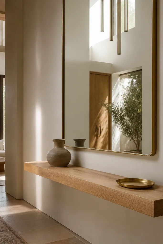 Long floating ledge with a large wall mirror above on a neutral wall