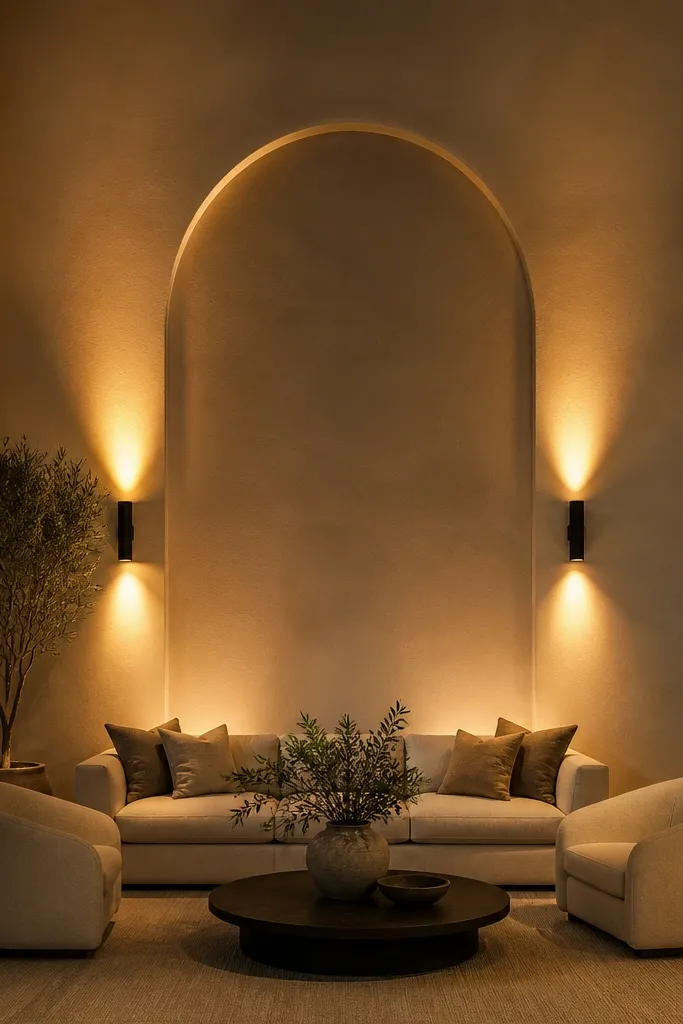 Centered arched wall feature with two warm sconces flanking it