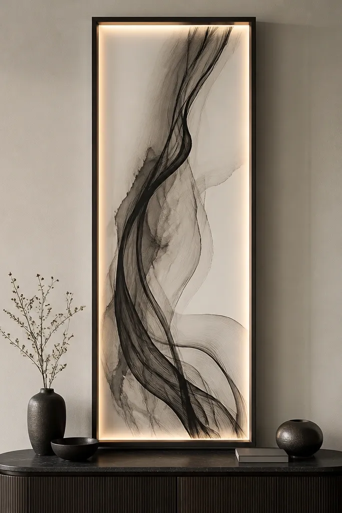 Monochrome framed mural column with a subtle LED glow border