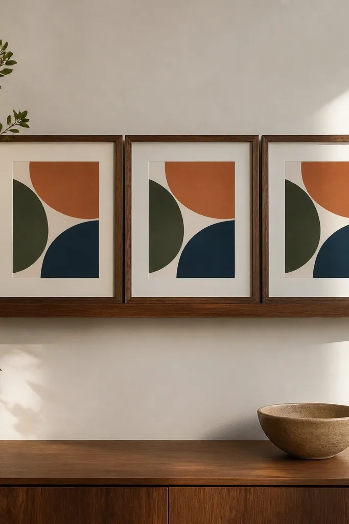 White wall with a narrow ledge holding three framed artworks