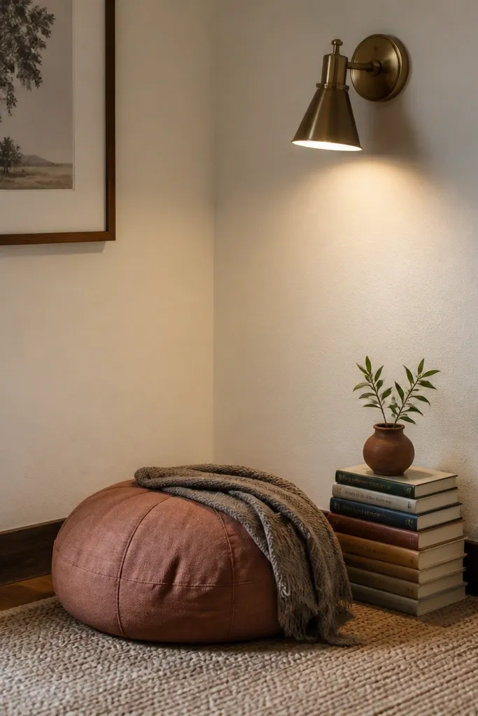 Corner seating with a jute rug, small pouf, and a wall sconce light